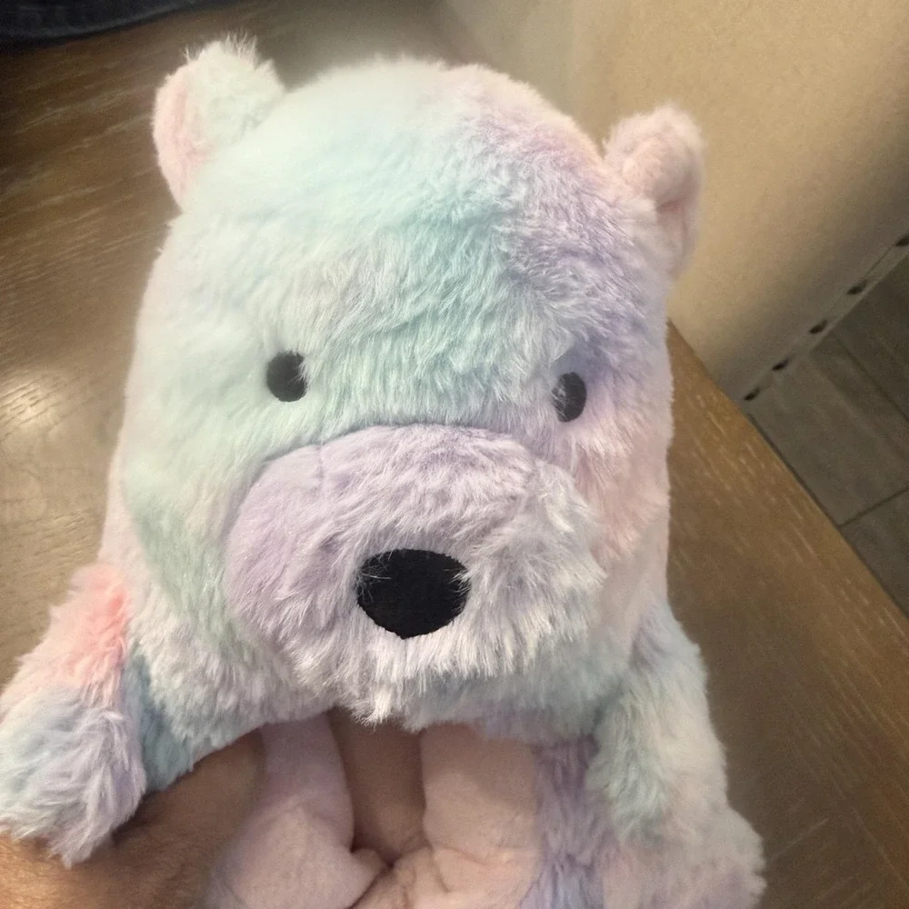 Bear Slippers Kids Size 6.5 Multicolor Tie Dye Fuzzy Plush Cozy Slip On Cute